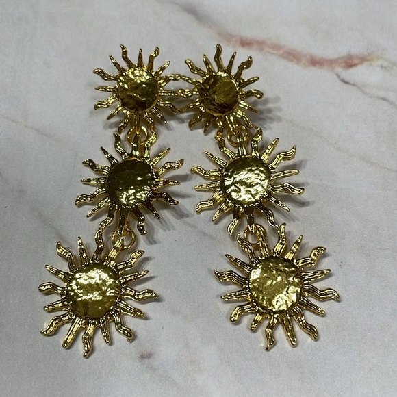 Zara. Gold Triple Sun Earrings - Picture 10 of 14